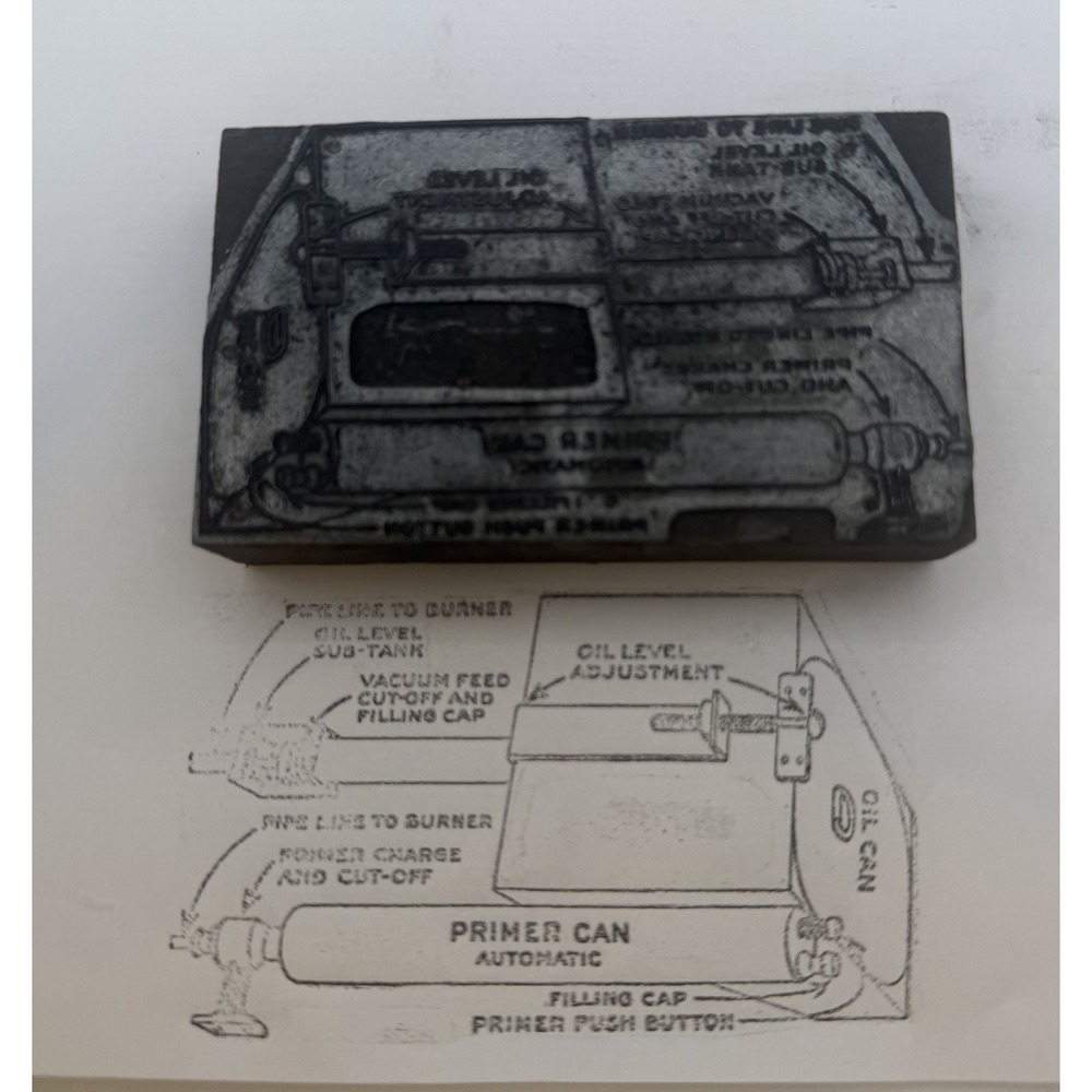 Vintage Wood Printing Block Oil Can Primer Stove Diagram Letterpress 4.5x3
